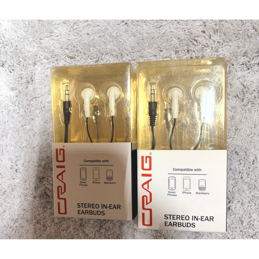 Craig CHP4807 Stereo In-Ear Earbuds 3.5mm‎ Wired White 2 Pack NEW